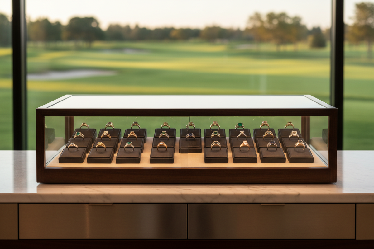Elegant ring display case with velvet holders in front of a golf course view