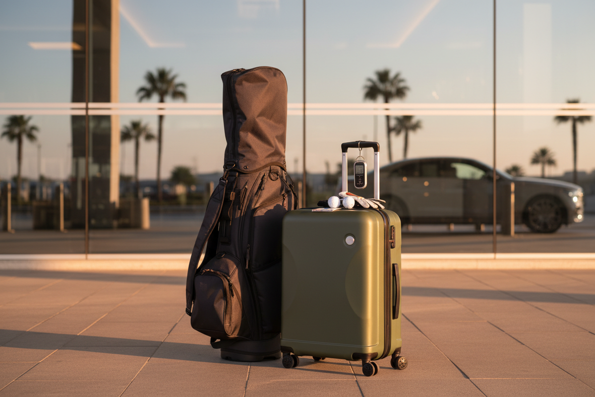 Golf travel bag and suitcase with digital luggage scale outside an airport at sunset