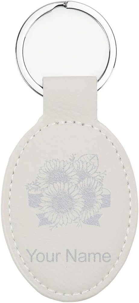 LaserGram Oval Keychain, Sunflowers, Personalized Engraving Included