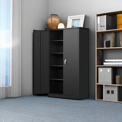 Greenvelly Steel SnapIt Storage Cabinet, 72" Locking Metal Garage Storage Cabinet with 4 Adjustable Shelves, 2 Doors and Lock for File, Office, Garage, Home (Black)