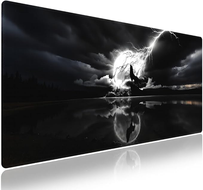 Wknoon. Extra Large Gaming & Office Mouse Pad (31.5" x 11.8") with Durable Stitched Edges – Silhouetted Wolf Howl Under Stormy Sky Power and Magnificence of Nature, Anti-Slip XXL Desk Mat