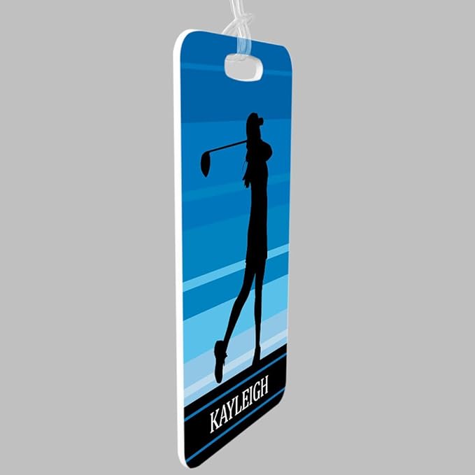 ChalkTalkSPORTS Golf Luggage & Bag Tag | Personalized Female Golfer | Standard Lines on Back | Large | Blue