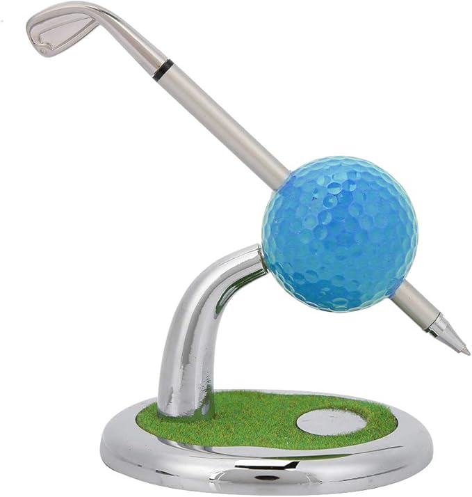 Golf Ball Pen Holder Stand with Pen and Clock, Golf Desktop Decor, Stainless Steel Golf Gift with Creative Green Base, Elegant Office Desk Accessory for Home and Workplace (Blue)