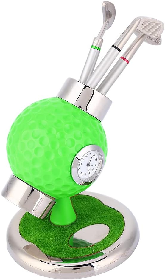 Golf Ball Shape Pen Holder, Desktop Pencil Vase with Clock, Zinc Alloy Pen Vase for Study Office Decor, Includes 3 Pens and Circular Base for Stability (Green)