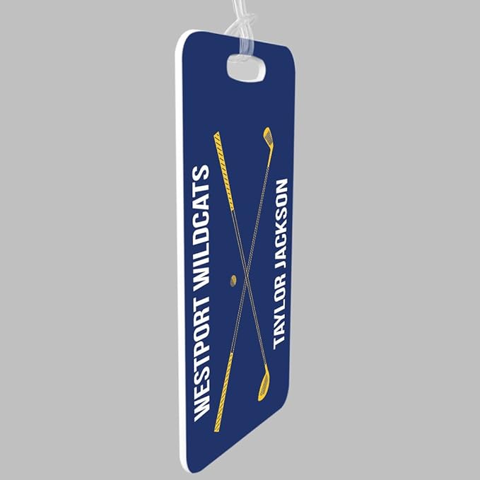ChalkTalkSPORTS Golf Luggage & Bag Tag | Personalized Crossed Golf Clubs | Standard Lines on Back | Medium | Navy/Gold