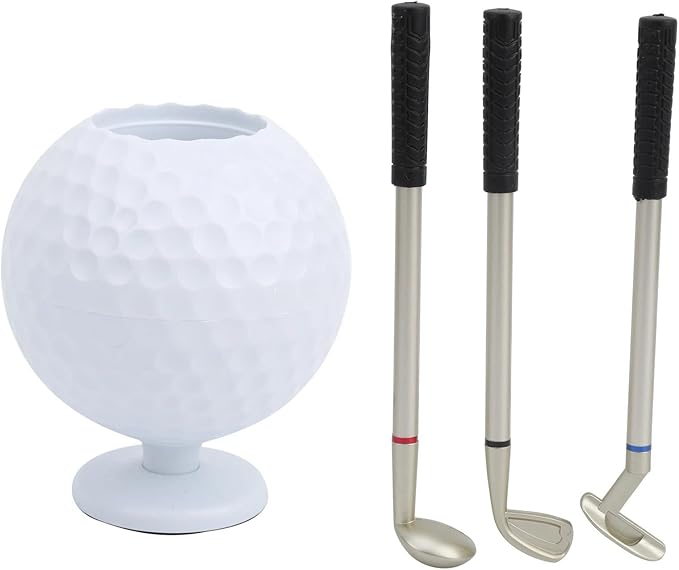 Golf Theme Pen Holder Set, Mini Desktop Golf Ball with 3 Golf Club Pens, Plastic Golfer Souvenir
