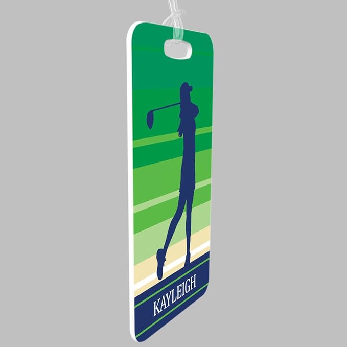 ChalkTalkSPORTS Golf Luggage & Bag Tag | Personalized Female Golfer | Standard Lines on Back | Large | Green