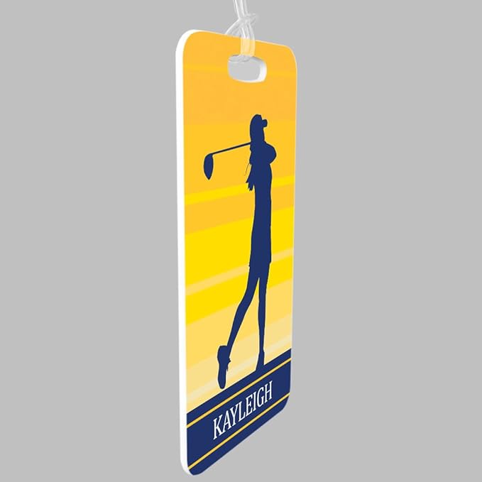 ChalkTalkSPORTS Golf Luggage & Bag Tag | Personalized Female Golfer | Standard Lines on Back | Large | Yellow