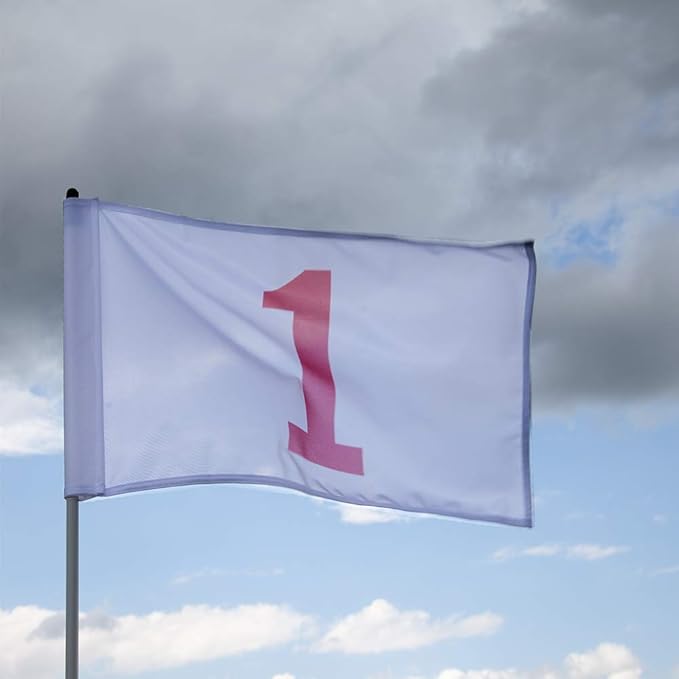 Vispronet Numbered Golf Flags for Putting Green (9) – 20in x 14in White & Red Flags Numbered 1-9, Golf Range Accessories for Courses, Outdoor Hole Flag, Durable Polyester Material