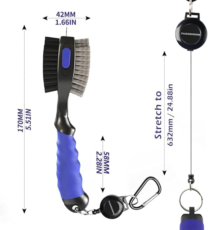 THIODOON 2 Pack Golf Club Brushes and Groove Cleaner 2 ft Retractable Zipline Carabiner Golf Brush Head with Retractable Spike Comfortable Grip Golf Club Cleaner
