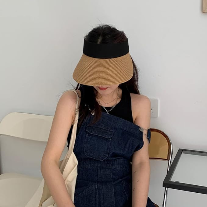 Women Straw Sun Visor Hat Wide Brim Summer UV Protection Beach Cap Foldable Packale Korean Style