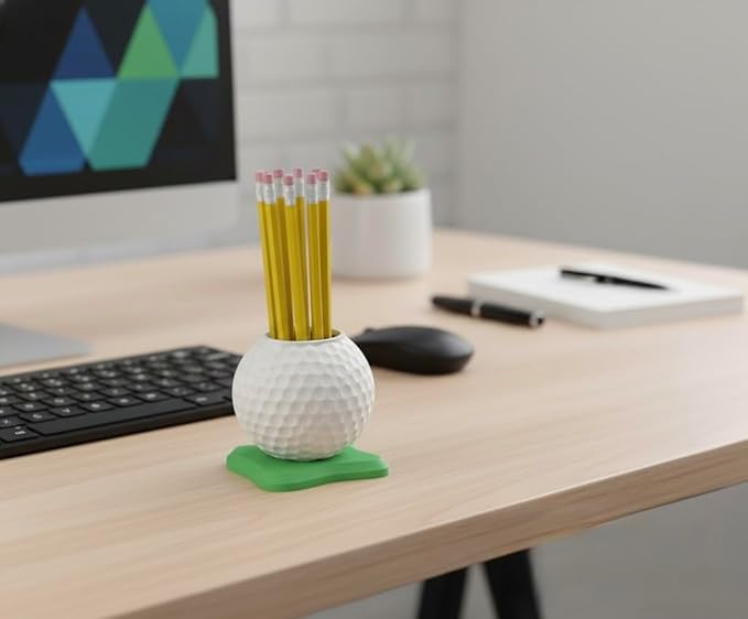 Golf Ball Pen Holder Desk Organizer, White with Green Base – Golf Gift for Office, Home, Golf Lovers.