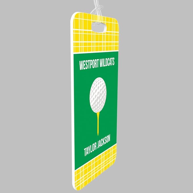 ChalkTalkSPORTS Golf Luggage & Bag Tag | Personalized Team with Golf Ball | Standard Lines on Back | Medium | Yellow/Green
