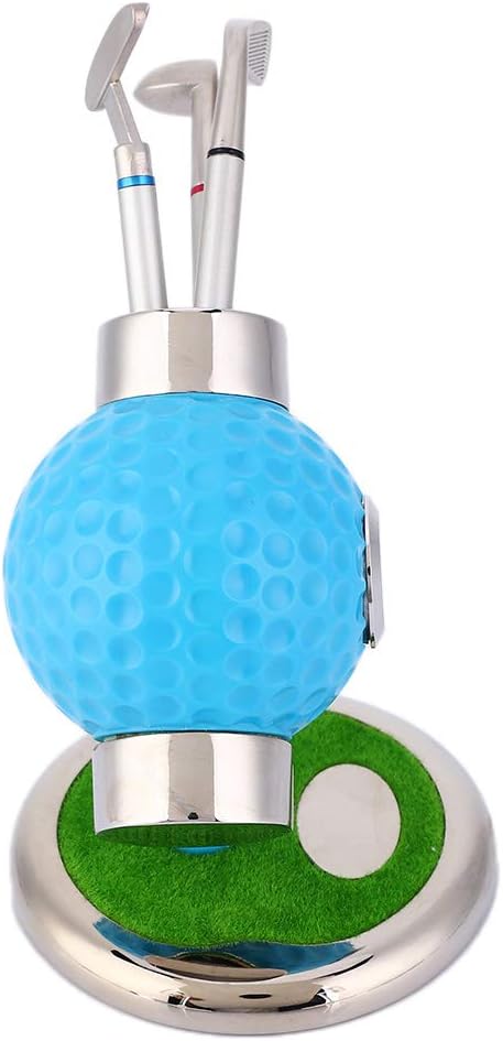 Golf Ball Shape Pen Holder, Desktop Pencil Vase with Clock, Zinc Alloy Pen Vase for Study Office Decor, Includes 3 Pens and Circular Base for Stability (Blue)