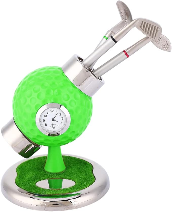 Golf Ball Shape Pen Holder, Desktop Pencil Vase with Clock, Zinc Alloy Pen Vase for Study Office Decor, Includes 3 Pens and Circular Base for Stability (Green)