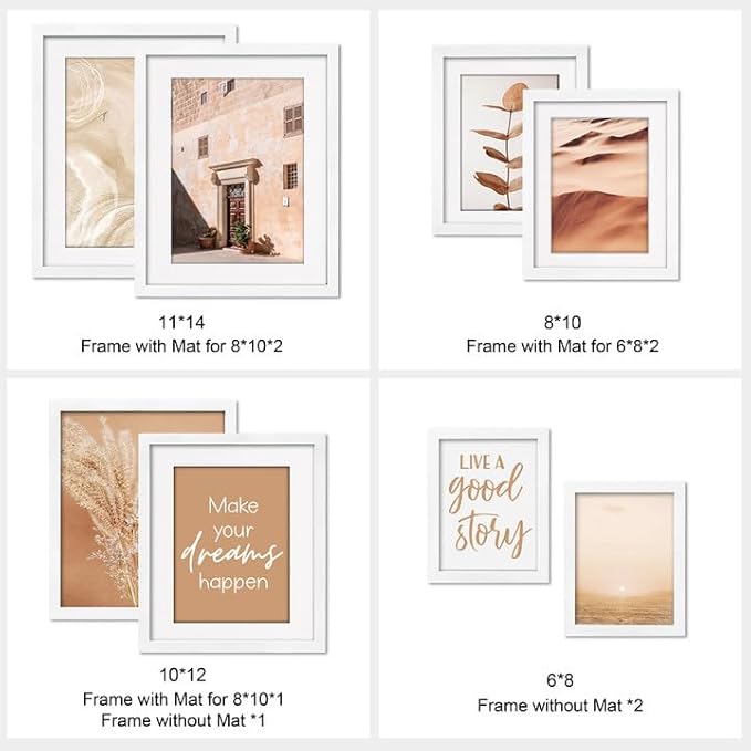 ArtbyHannah Gallery Wall Frame Set for Living Room, White Picture Frames Collage Wall Decor with Neutral Art Prints for Stairway, Dining Room, 8 Pack Assorted Size-11"x14", 8"x10", 6"x8"