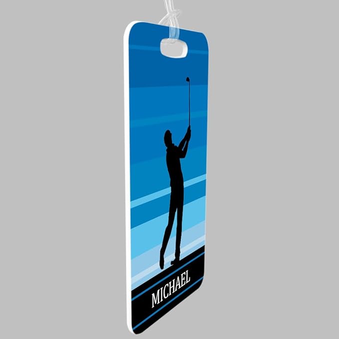 ChalkTalkSPORTS Golf Luggage & Bag Tag | Personalized Male Golfer | Standard Lines on Back | Medium | Blue