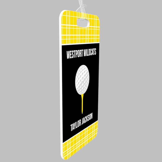 ChalkTalkSPORTS Golf Luggage & Bag Tag | Personalized Team with Golf Ball | Standard Lines on Back | Small | Yellow/Black
