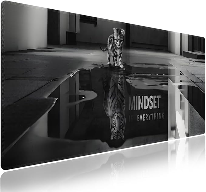 Extended XXL Gaming Mouse Pad with Stitched Edges for Home & Office - Mindset is Everything Inspirational Quote & Cute Cat Funny Tiger Reflection, Smooth Fabric Surface Anti-Slip Base Large Desk Mat