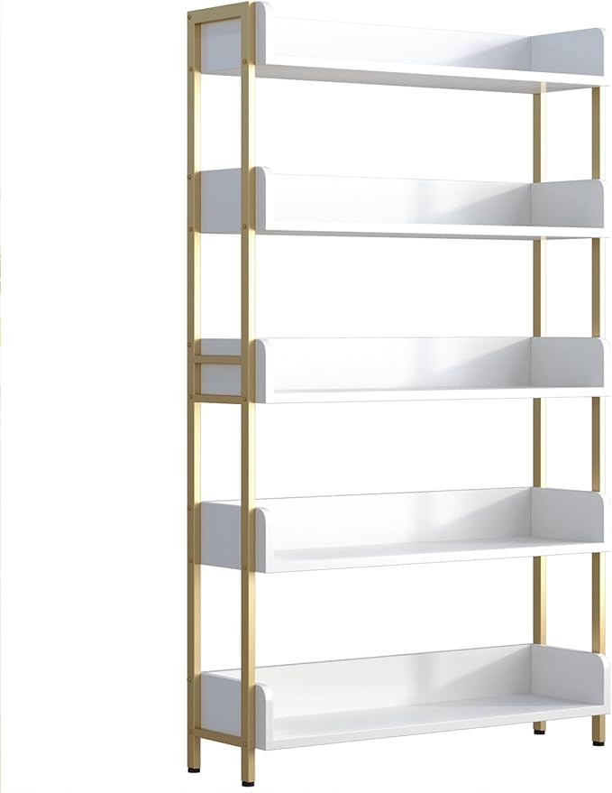 Wide Open Shelf Bookcase - Modern 5-Tier Freestanding Display Bookshelf with Three-Side Panels for Home and Office, Storage Shelving in Warm White with Gold Frame