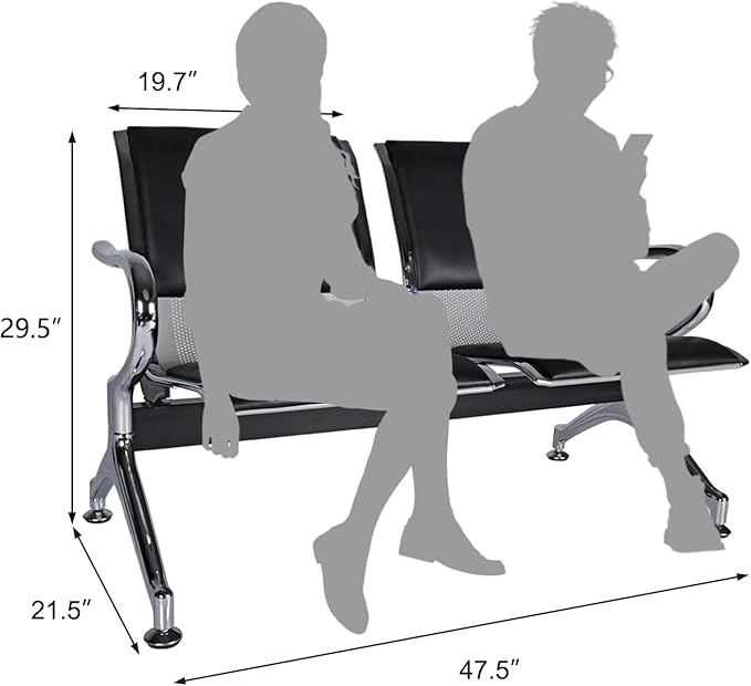 kinbor Waiting Room Chairs - Durable PU Leather Reception Bench with Armrests, 2-Seat Office Reception Guest Chairs for Office, Hospital, Airport, Bank & Lobby, Black