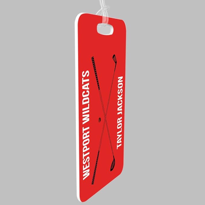 ChalkTalkSPORTS Golf Luggage & Bag Tag | Personalized Crossed Golf Clubs | Standard Lines on Back | Small | Red/Black