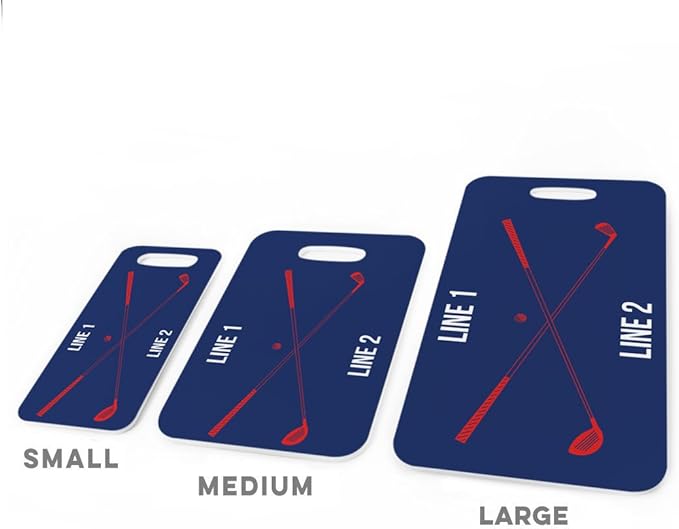 ChalkTalkSPORTS Golf Luggage & Bag Tag | Personalized Crossed Golf Clubs | Standard Lines on Back | Medium | Navy/Red