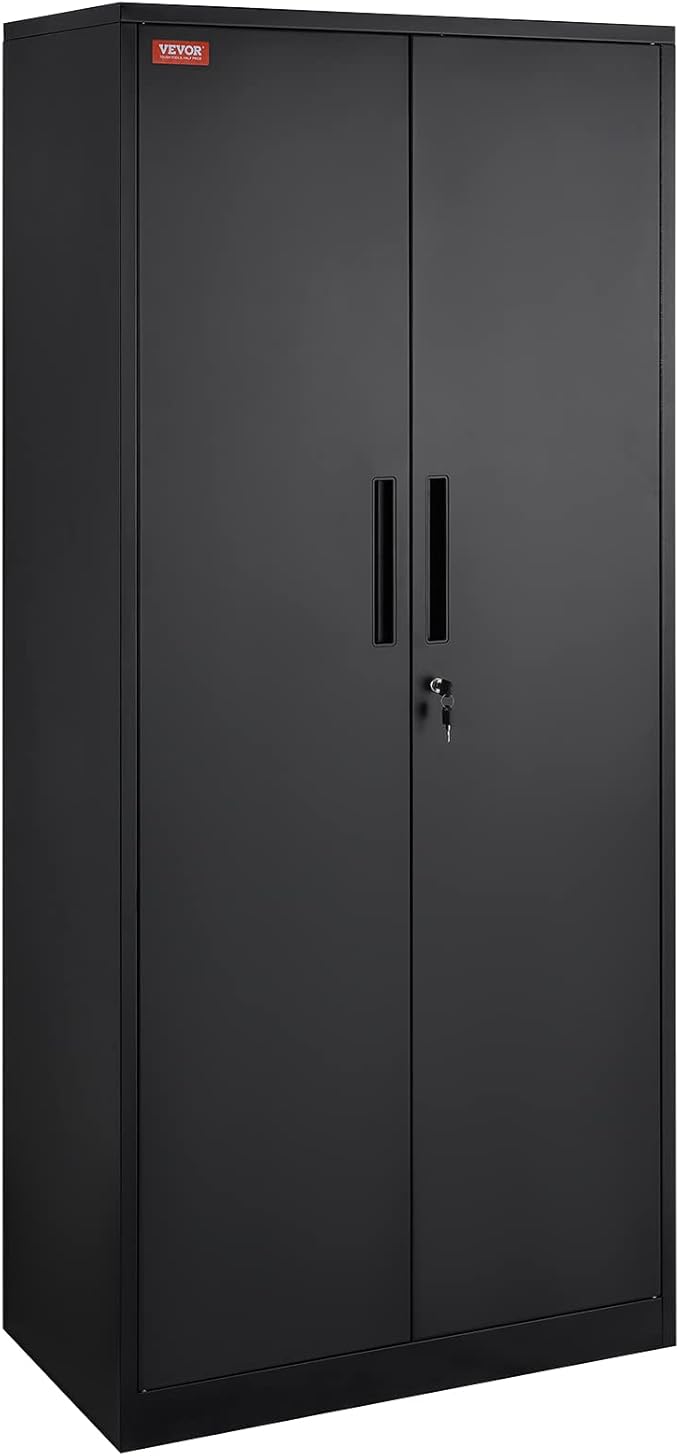 VEVOR Metal Storage Cabinet, Steel Locking Storage Cabinet with 2 Magnetic Doors and 4 Adjustable Shelves, 71'' Metal Cabinet 200 lbs Capacity per Shelf with 3 Keys, for Office, Home, Garage, Black