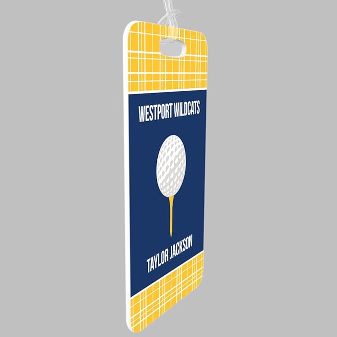 ChalkTalkSPORTS Golf Luggage & Bag Tag | Personalized Team with Golf Ball | Standard Lines on Back | Small | Gold/Navy