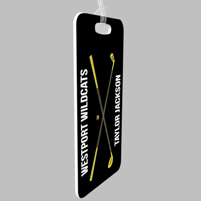 ChalkTalkSPORTS Golf Luggage & Bag Tag | Personalized Crossed Golf Clubs | Standard Lines on Back | Medium | Black/Yellow