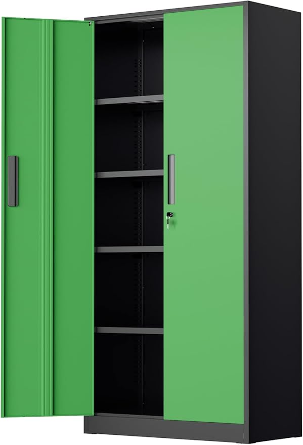 INTERGREAT Metal Storage Cabinet with Doors, 72" Locking Steel Storage Cabinet with Shelves, Tall Metal Cabinet Lockable Steel Cabinets for Home Office, Garage,(Black+Green)