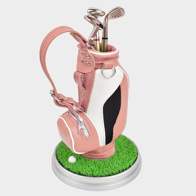 Leather golf pen holder with three golf club pen for writing, suitable for desk decoration, golf cake decoration, unique gift for men Boss Dad golfer colleagues, interesting and novel birthday gift