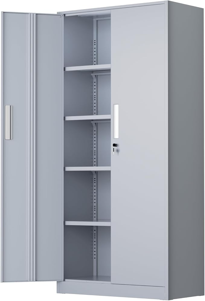 SUNCROWN 72" Metal Storage Cabinet - Heavy-Duty Metal Garage Cabinet with 4 Adjustable Shelves & 2 Doors for Tools, Office, Home, Workshop,Cement Grey-Small