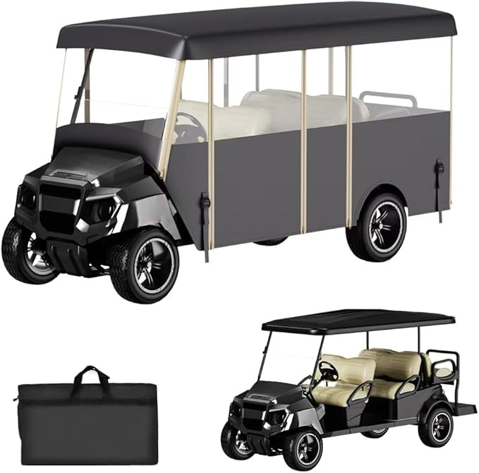 Golf Cart Cover Enclosure 4&6 Passenger, Golf Cart Cover for Yamaha Club Car EZGO, Waterproof 600D Oxford Rain Cover, Transparent Tail Light Panel, Foldable Door,4-Sided Clear Windows