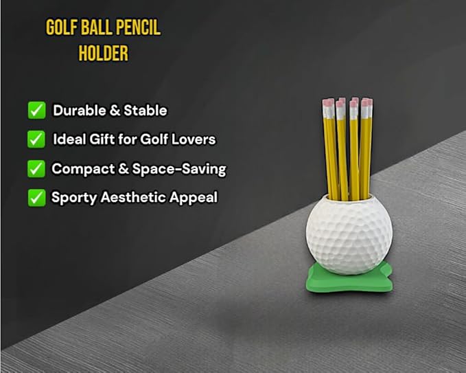 Golf Ball Pen Holder Desk Organizer, White with Green Base – Golf Gift for Office, Home, Golf Lovers.