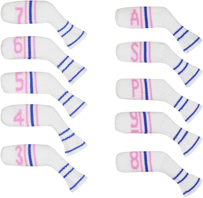 Scott Edward 1/7/10 Pcs Knitted Golf Club Head Covers for Irons Wedge Cuteness and Basically Socks Shape Washable Golf Club Head Protector on Classic Stripes Style，Double Sided Customization