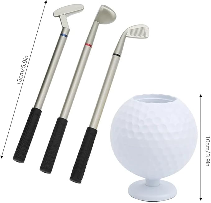 Golf Theme Pen Holder Set, Mini Desktop Golf Ball with 3 Golf Club Pens, Plastic Golfer Souvenir