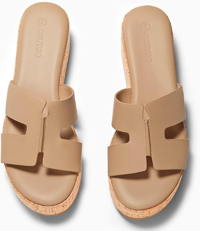 Coutgo Womens Platform Wedge Sandals Open Toe Slip On Slides Cork Heeled Comfortable Shoes