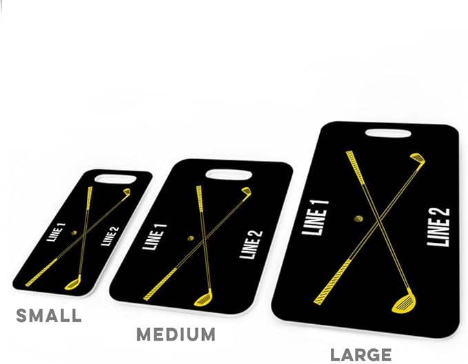 ChalkTalkSPORTS Golf Luggage & Bag Tag | Personalized Crossed Golf Clubs | Standard Lines on Back | Small | Black/Yellow