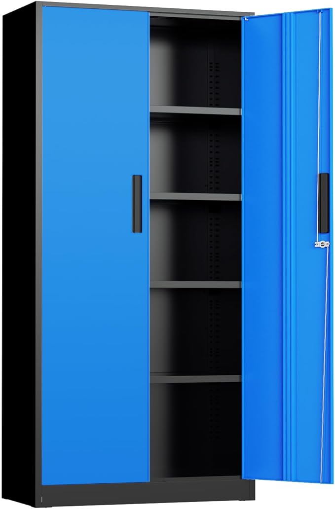 INTERGREAT Metal Storage Cabinet, 72" Locking Steel Cabinets with 2 Door and 4 Adjustable Shelves, Tall Metal Cabinet for Home Office, Garage, Warehouse,(Black+Blue)
