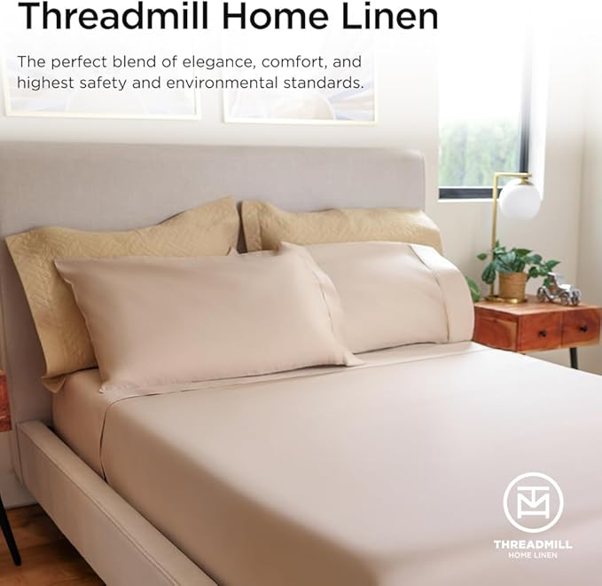 Threadmill Luxury 800 Thread Count California King 100% Cotton Sheets - Light Beige Sateen Weave Bed-Sheets, Better Than Egyptian Cotton,4 Pc Solid Bedding Set, Fits 16" Deep Pocket