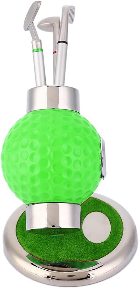 Golf Ball Shape Pen Holder, Desktop Pencil Vase with Clock, Zinc Alloy Pen Vase for Study Office Decor, Includes 3 Pens and Circular Base for Stability (Green)