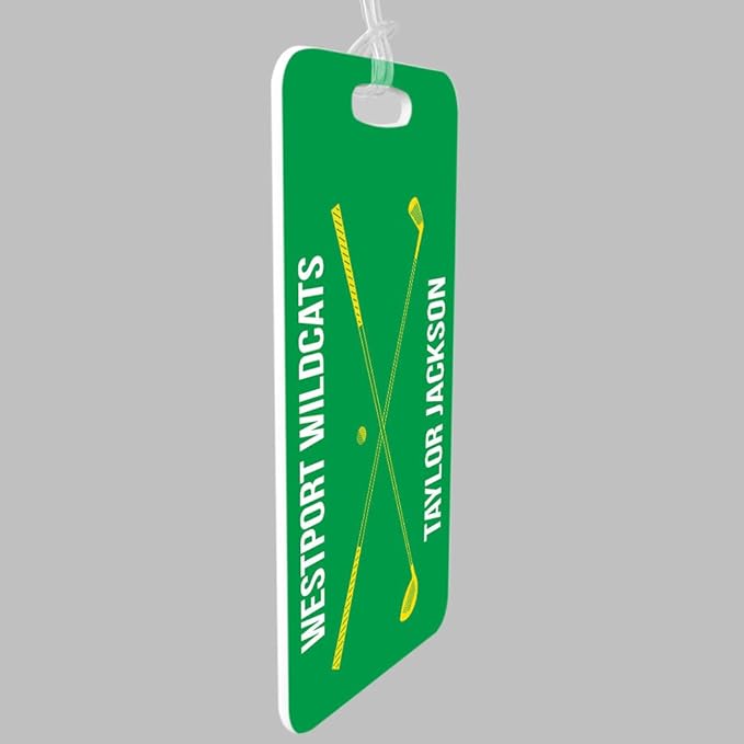 ChalkTalkSPORTS Golf Luggage & Bag Tag | Personalized Crossed Golf Clubs | Standard Lines on Back | Small | Green/Yellow