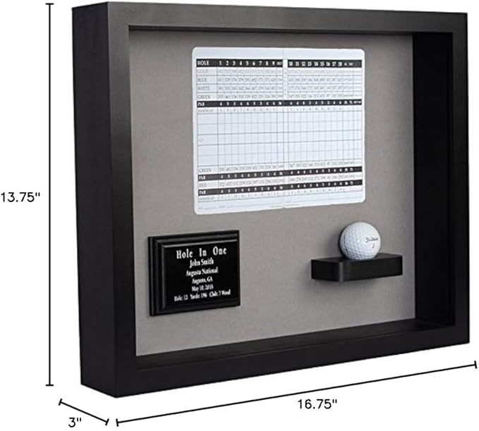 Hole in One Shadowbox and Golf Ball Display Case | Personalized Engraved Plate | Holds Golf Ball and Scorecard or Photo | Horizontal Layout | Black Finish | Wall Mounted