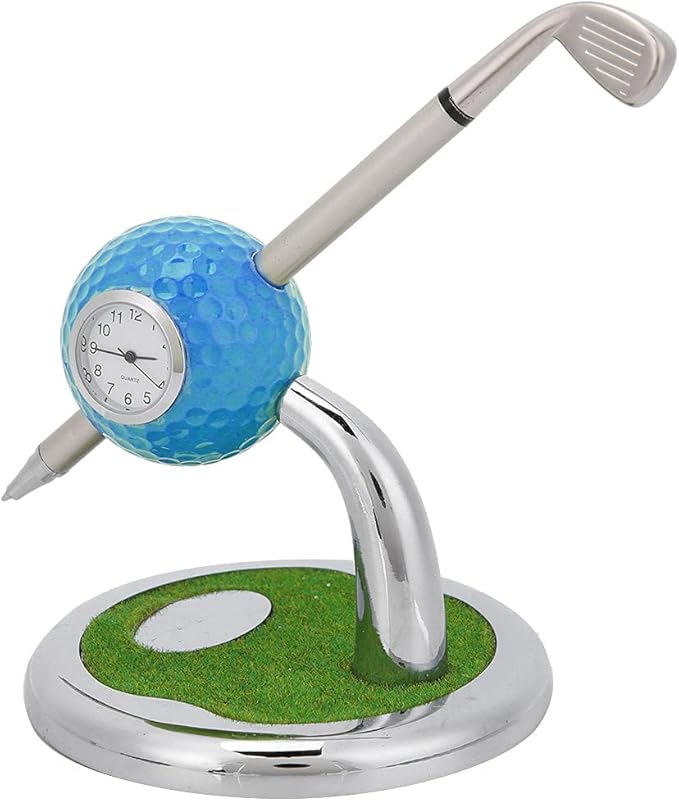 Golf Ball Pen Holder Stand with Pen and Clock, Golf Desktop Decor, Stainless Steel Golf Gift with Creative Green Base, Elegant Office Desk Accessory for Home and Workplace (Blue)