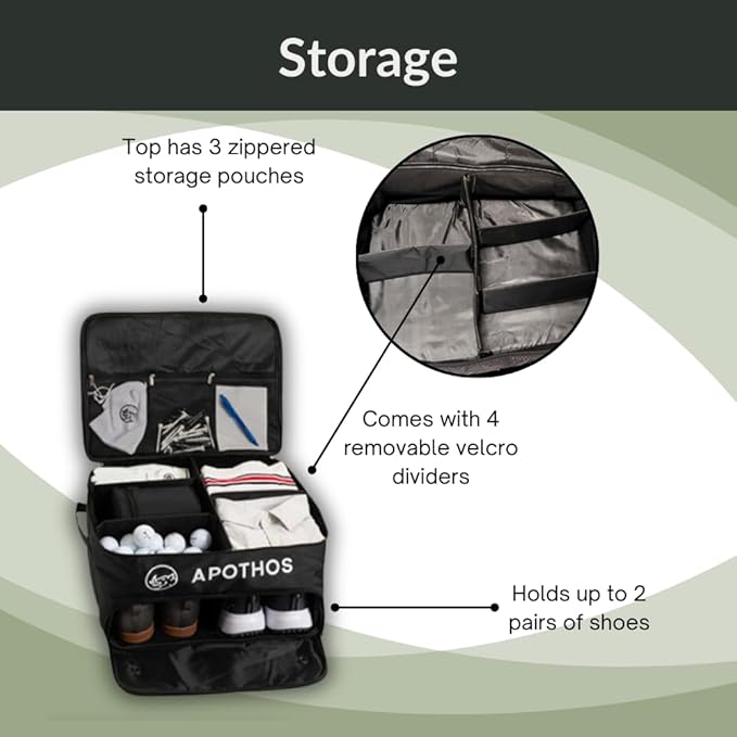Trunk 2 Level Storage Organizer, Compact, Collapsable, Water Resistant, Breathable, 3 zippered pockets, Adjustable Velco Dividers, Shoe Compartment, Integrated Handle, Black