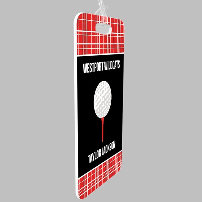 ChalkTalkSPORTS Golf Luggage & Bag Tag | Personalized Team with Golf Ball | Standard Lines on Back | Large | RED/Black