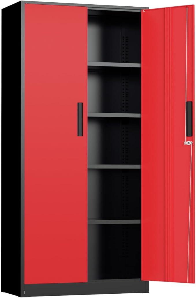 INTERGREAT Metal Storage Cabinet, 72" Locking Steel Cabinets with 2 Door and 4 Adjustable Shelves, Tall Metal Cabinet for Home Office, Garage, Warehouse,(Black+Red)