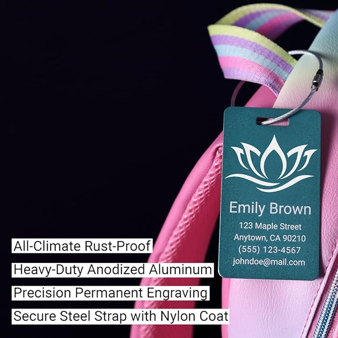 Personalized Luggage Tags for Suitcases 4 Pack – Custom Metal Name Tag for Travel, Golf Bag, and Baggage – Durable Aluminum Luggage Name Tags (Adventure Collection, Light Purple)