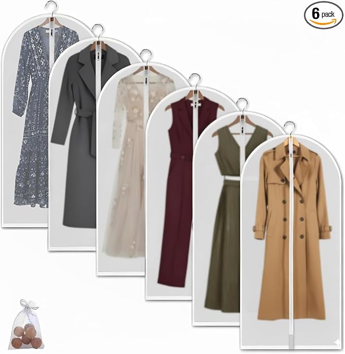 6 Pack Long Garment Bags (24x60") - Dustproof Gown Covers - Durable PEVA Hanging Bags with Sturdy Zipper for Maxi Dresses, Long Coats & Dance Costumes (Translucent)